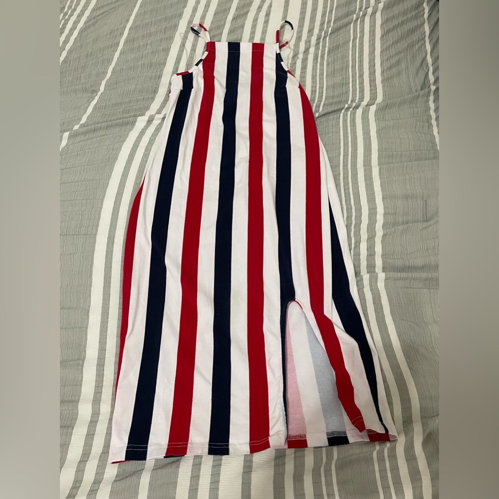 Red, White, And Blue Striped Dress, Little Slit in the Front, Size Medium